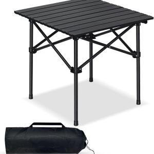 طاولة قابلة للطي وخفيفة الوزن وسهلة الحمل مع سطح من الالومنيوم وشنطة حمل، مثالية للاستخدام في الهواء الطلق والنزهات والتخييم والطبخ والشاطئ والمشي لمسافات طويلة وصيد الاسماك 53×51×50 سم، أسود